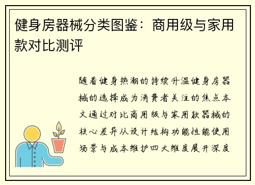 健身房器械分类图鉴：商用级与家用款对比测评