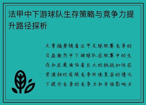 法甲中下游球队生存策略与竞争力提升路径探析