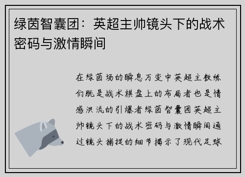 绿茵智囊团：英超主帅镜头下的战术密码与激情瞬间